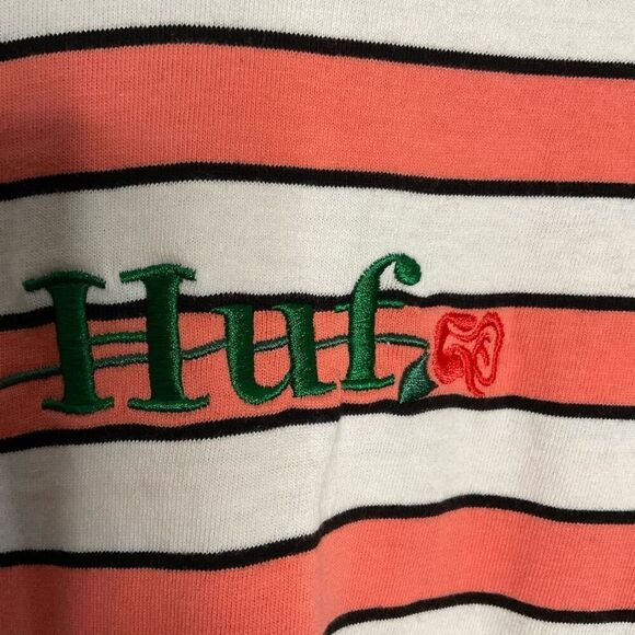 HUF Long Sleeve Shirt Womens Medium Peach Striped Embroidered 100% Cotton‎ - Picture 3 of 8